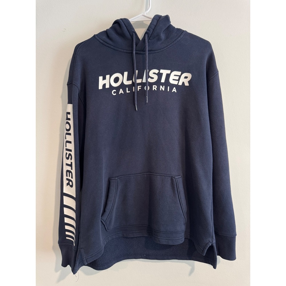Hollister California Graphic Hoodie Mens XS Navy Blue Sleeve Logo Print Sweater